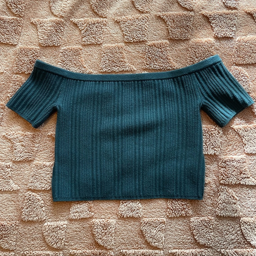 aerie Off-Shoulder Ribbed Crop Top in Charcoal - Picture 3 of 5